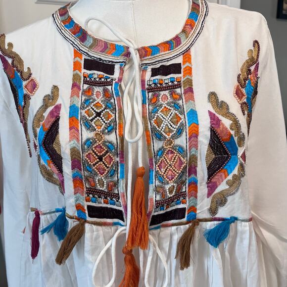 Anthropologie RD & Koko Embroidered Boho Peasant Top Tassel Tie Front M Beach - Picture 3 of 9
